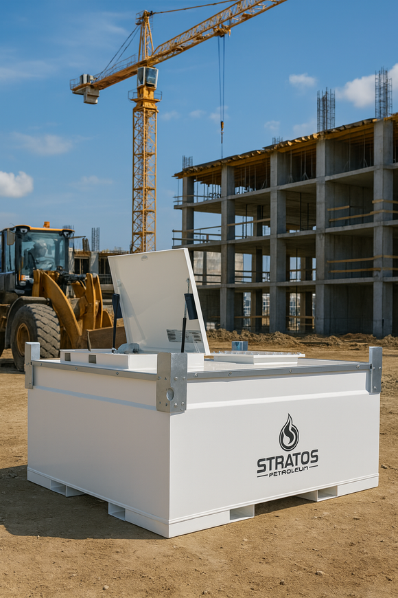 White container with Stratos Petroleum logo on a construction site with a crane and building in the background.