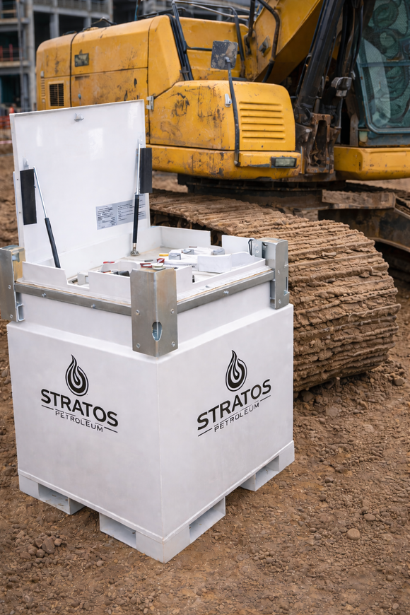 White Stratos Petroleum container on a construction site with heavy machinery in the background