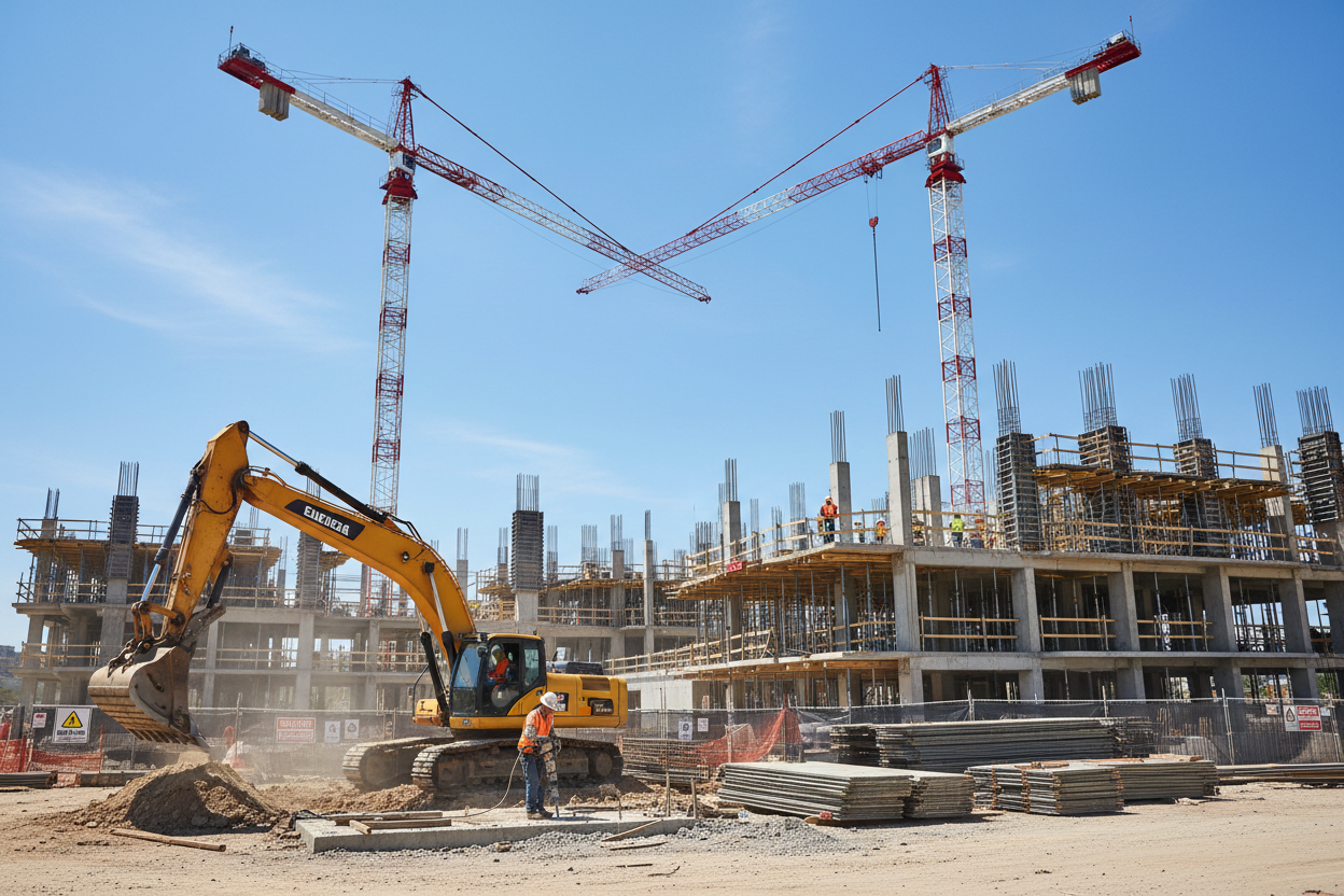 Construction site with excavator and cranes against a blue sky