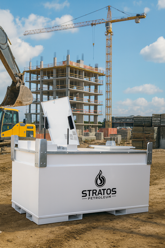 Stratos Petroleum container on a construction site with crane and excavator in the background