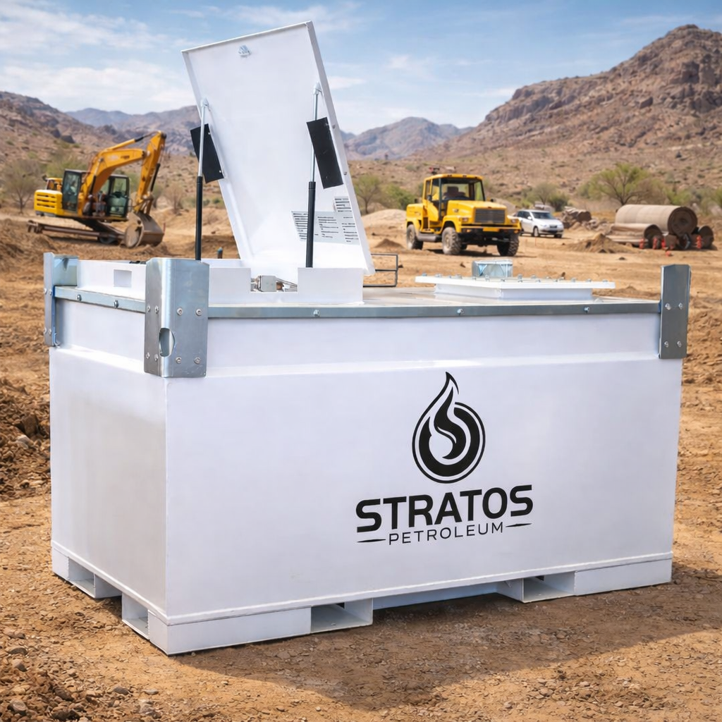 White storage container with Stratos Petroleum logo on a construction site